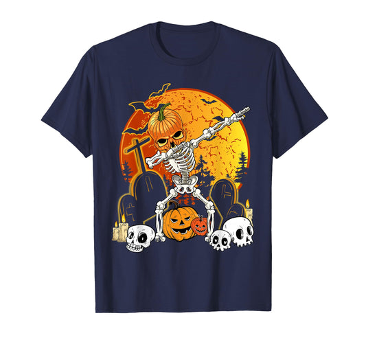 Skeleton Halloween Pumpkin Jack O' Lantern Boys Kid Dab T-Shirt