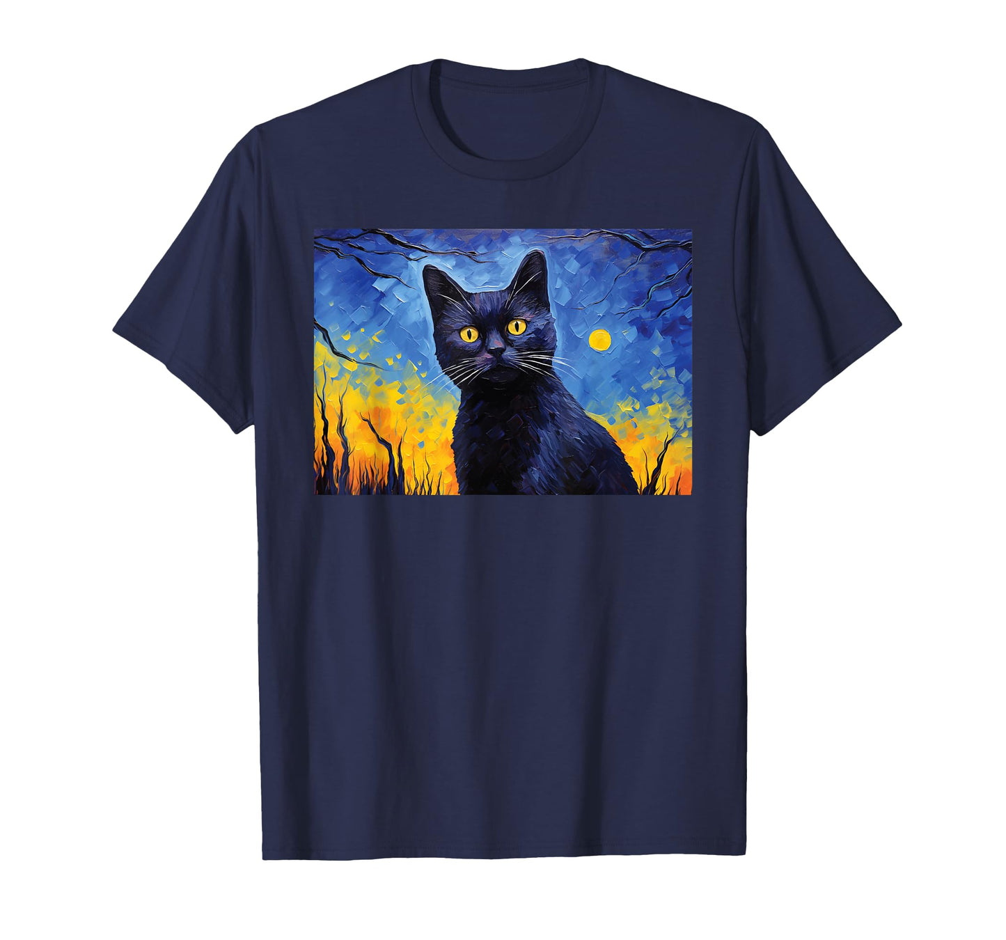black cat Painting art Starry Night kitty kitten Van Gogh Men Women Kids T-Shirt