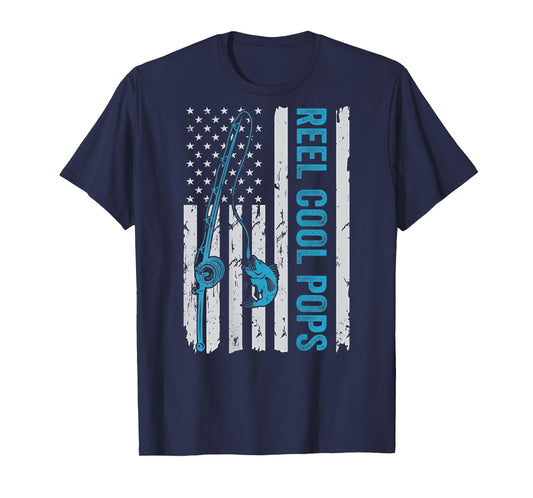 Reel Cool Pops Funny Grandpa Fishing American Flag (On Back) T-Shirt