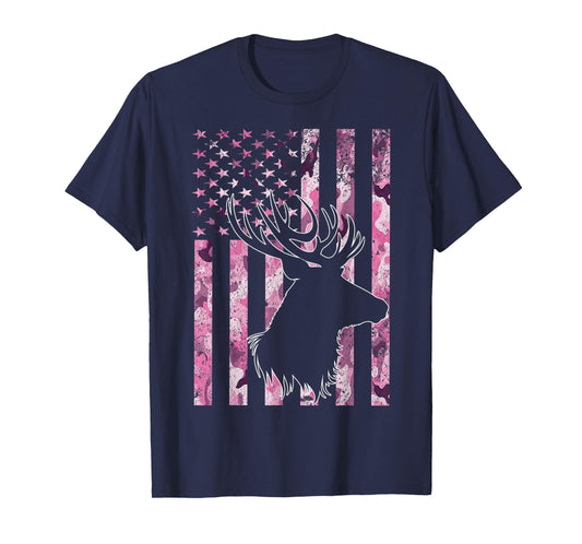 Hunting Camo American Flag Buck Deer Pink Camouflage Women T-Shirt