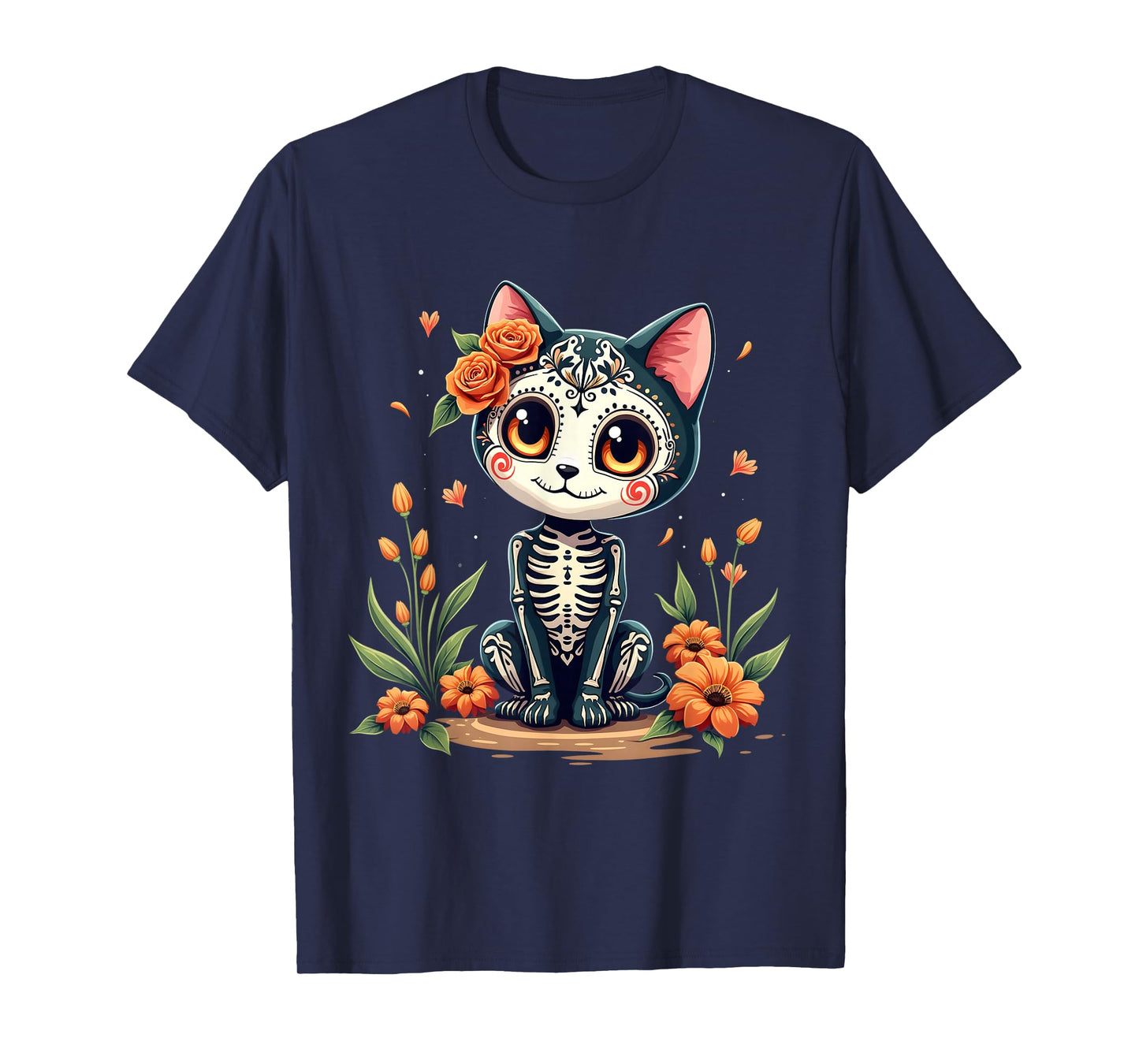 Colorful Sugar Skull Cat Tee Mexican Halloween T-Shirt