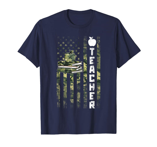 Retro Vintage Teacher Camouflage American Flag 4th Of July T-Shirt