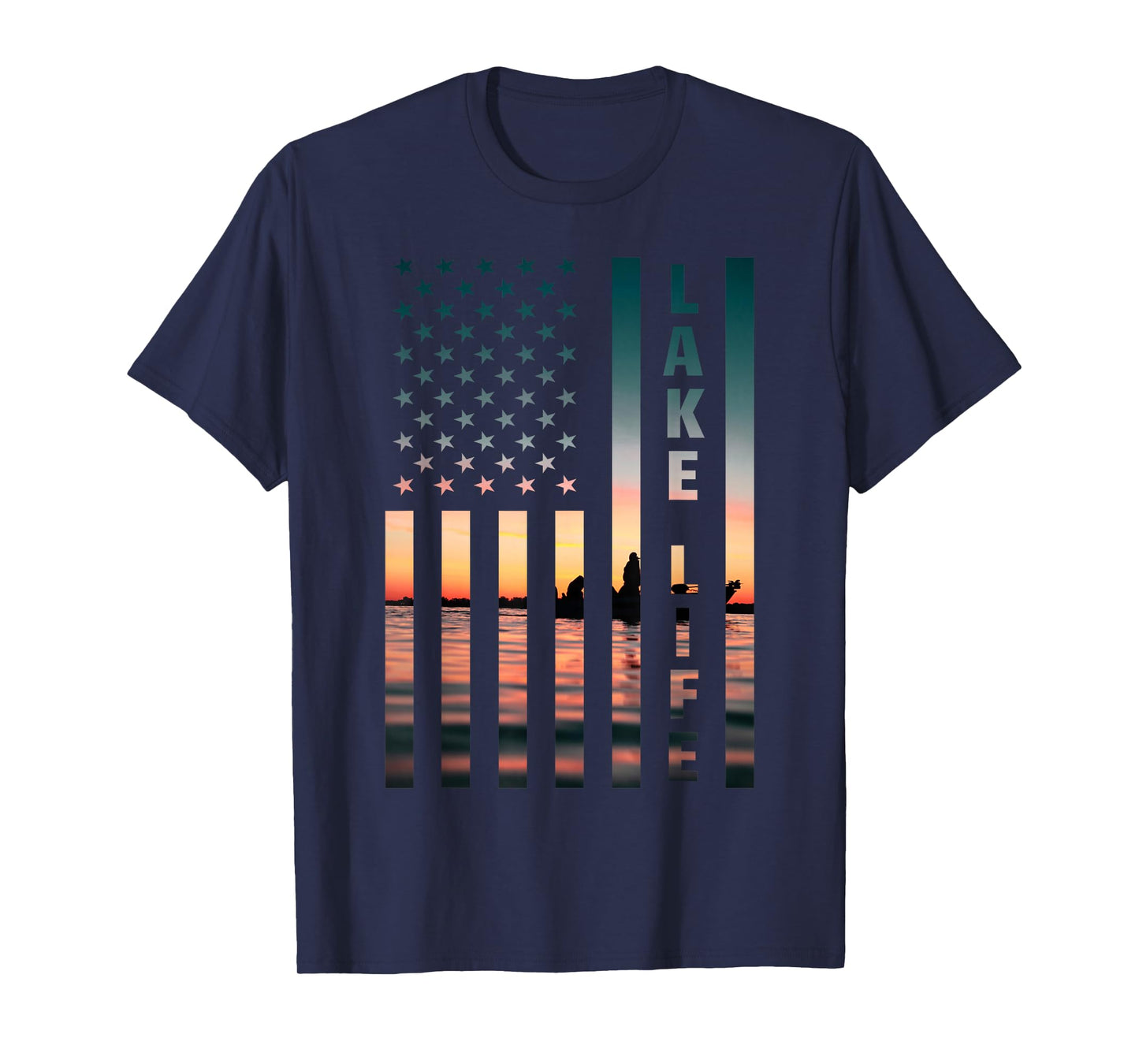 Lake Life Fisherman Sunset American Flag Bass Fishing Boat T-Shirt