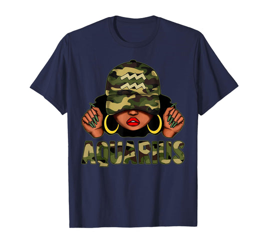 Aquarius Queen Black Woman With Cap Camo Afro Girl Zodiac T-Shirt