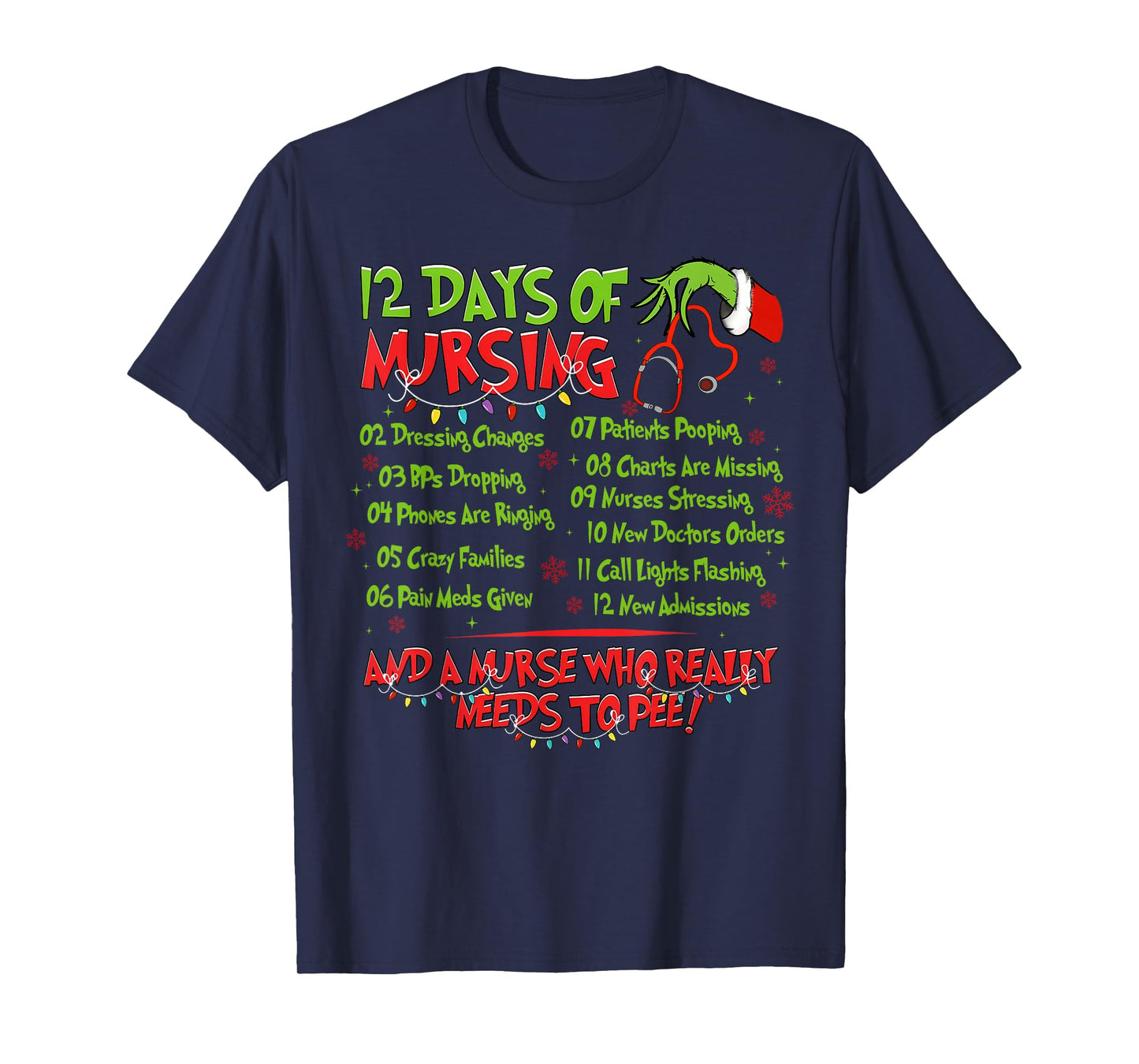 12 Days of Nursing Nurse Merry Christmas Xmas Lights Holiday T-Shirt