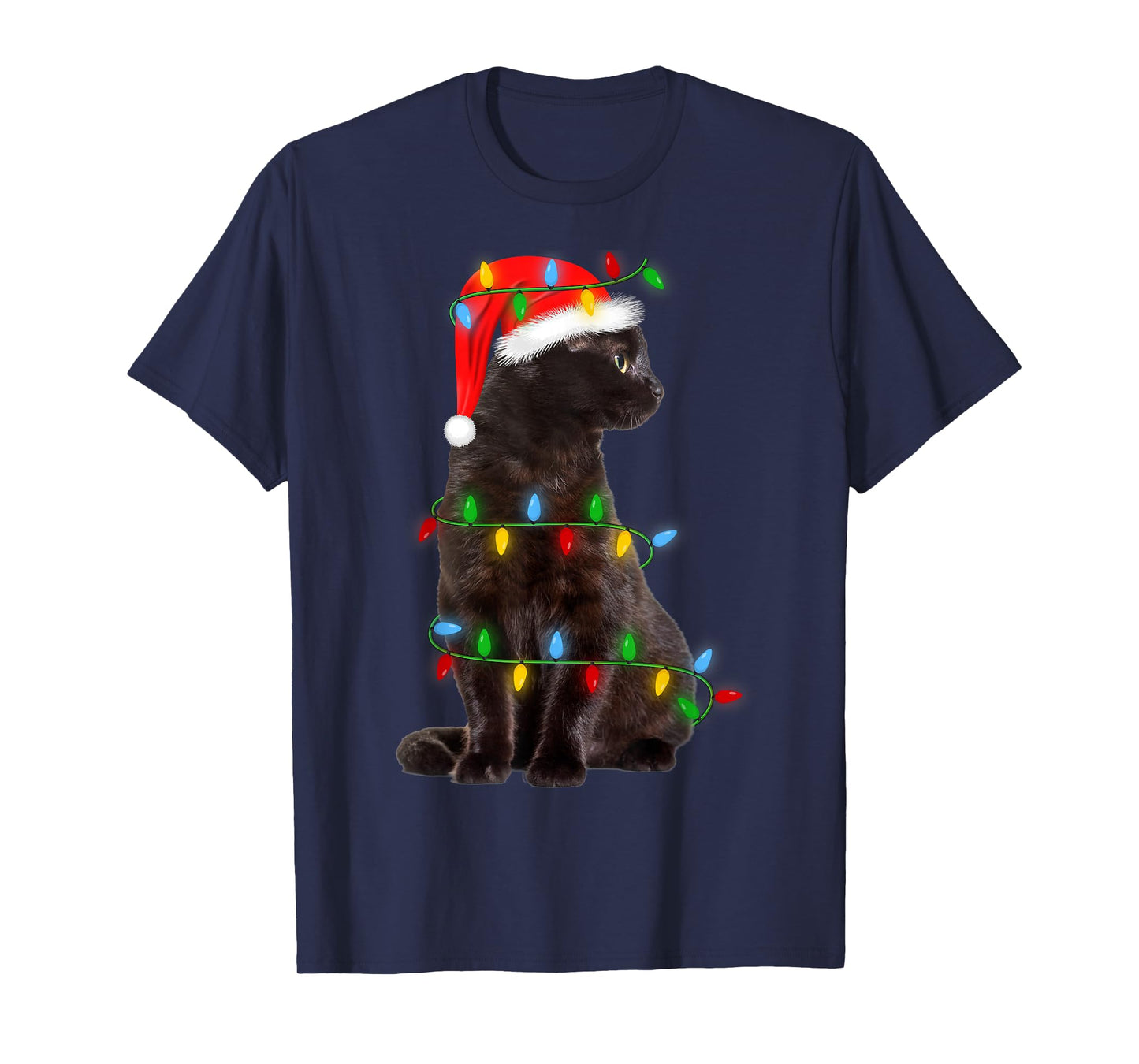 Black-Cat Christmas Tree Lights Funny Santa Kitten Led Light T-Shirt