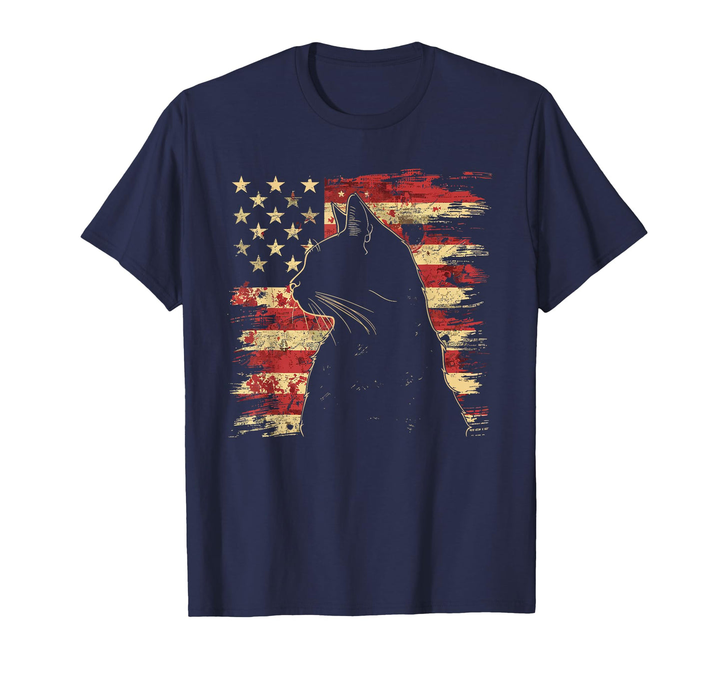 4th of July DESIGNS Unisex-Adult Vintage Patriotic Cat Silhouette Graphic T-Shirt, Black, Small, Short Sleeve