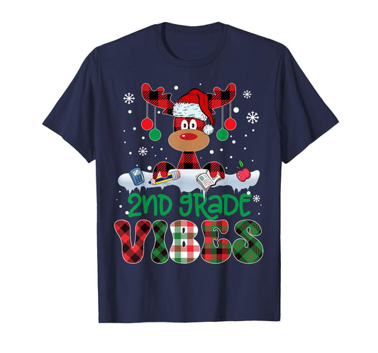 2nd Grade Vibes Teacher Buffalo Red Plaid Reindeer Christmas T-Shirt
