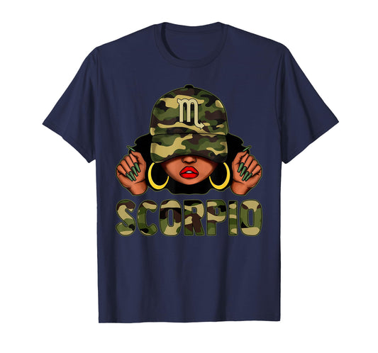 Scorpio Queen Black Woman with Cap Camo Afro Girl Zodiac T-Shirt