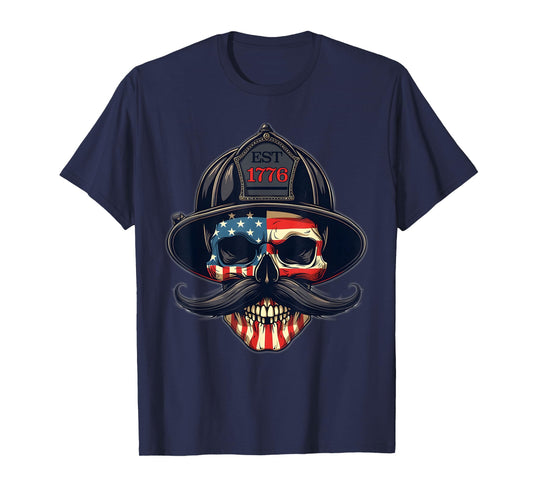 Firefighter Skull Mustache Fire Fighter Fireman USA Flag T-Shirt