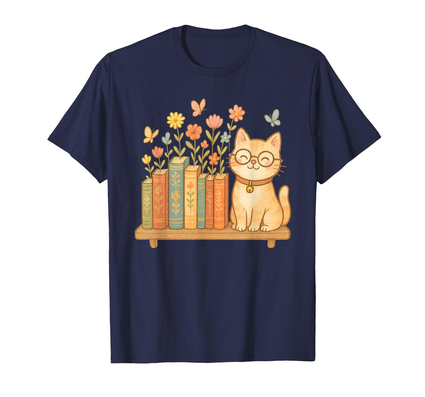 Cute Kawaii Cat Books Flowers T-Shirt