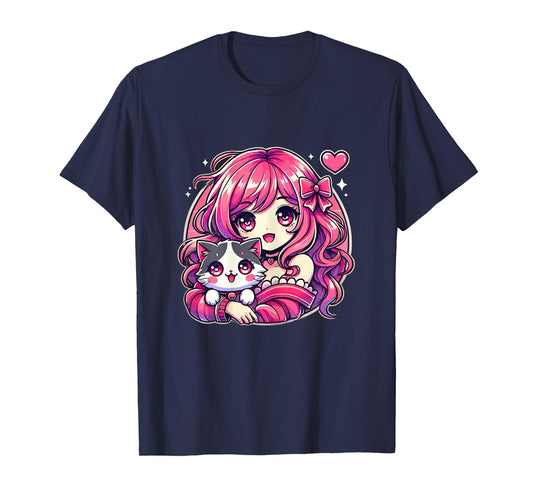 Anime Girl and Cat Kawaii Manga Girl T-Shirt