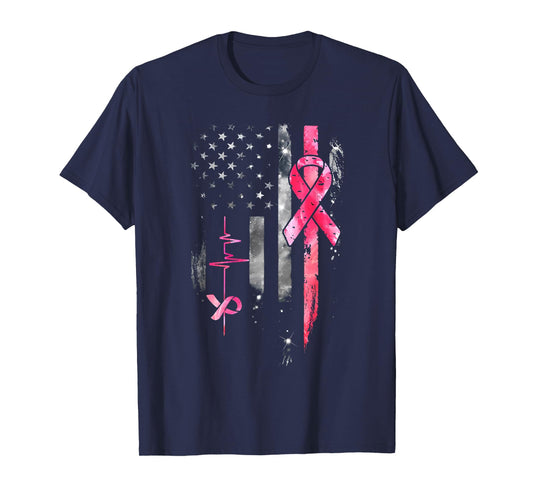 American Flag Pink Ribbon Breast Cancer Awareness Support T-Shirt