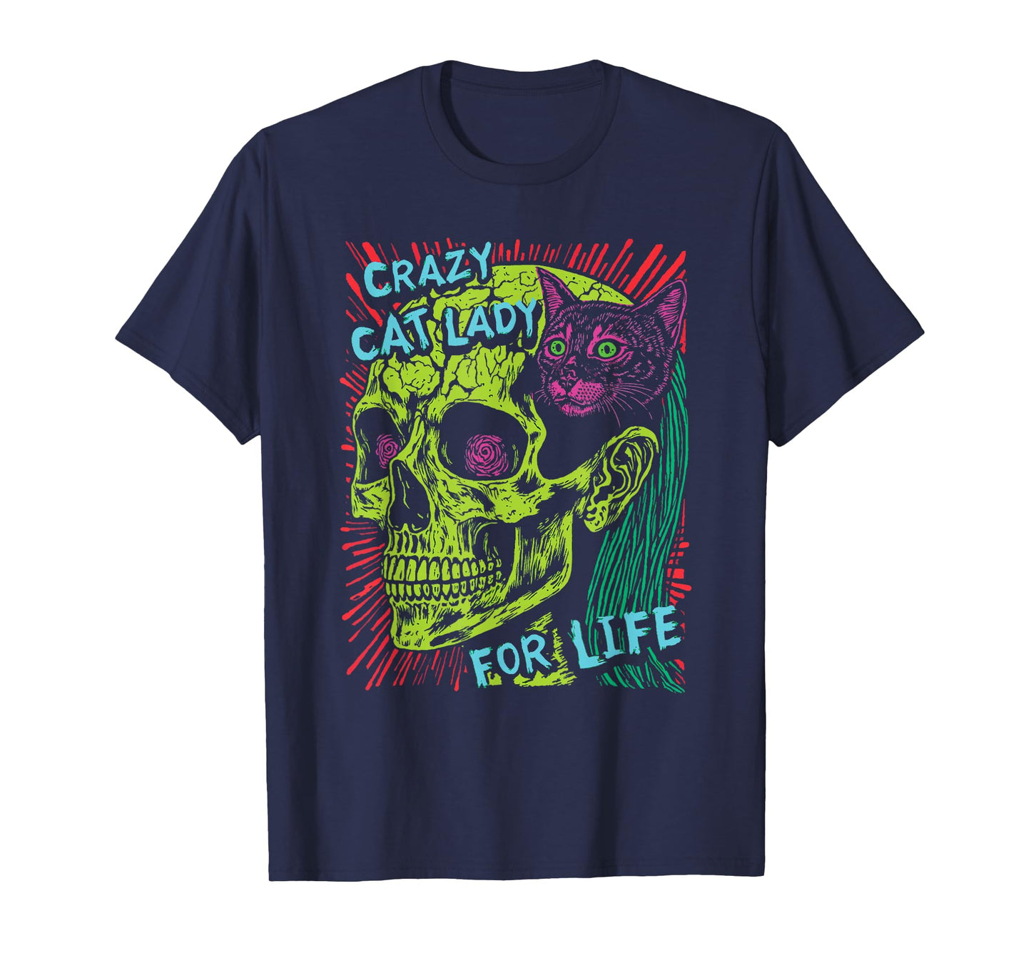 Crazy Cat Lady For Life Goth Punk Grunge Cat With Skull T-Shirt