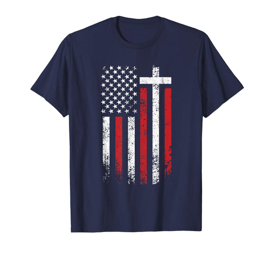 American Flag Cross Christmas Patriotic Religious Christian T-Shirt