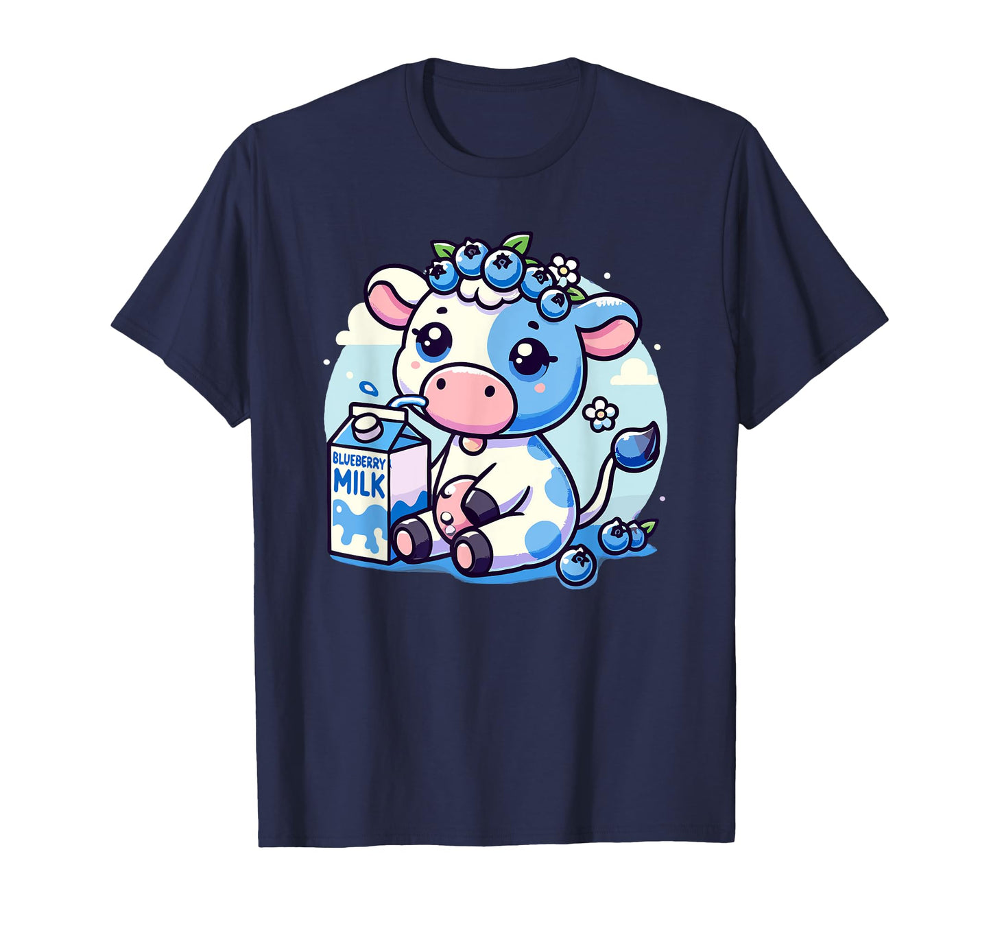 Cute Kawaii Blueberry Milk Cow Animal Milkshake T-Shirt