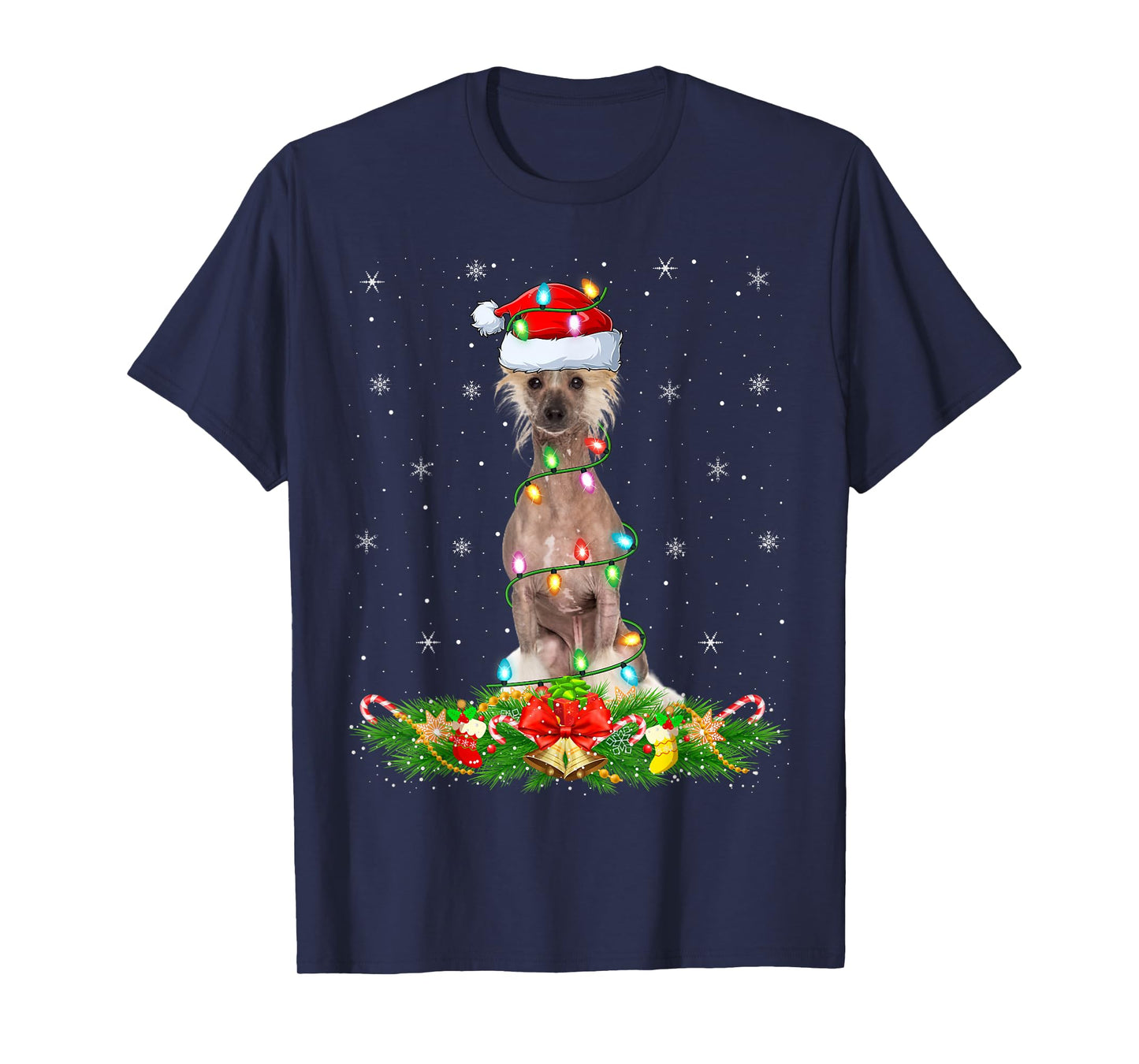 Chinese Crested Dog Christmas Lights Funny Santa Hat Xmas T-Shirt