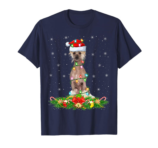 Chinese Crested Dog Christmas Lights Funny Santa Hat Xmas T-Shirt