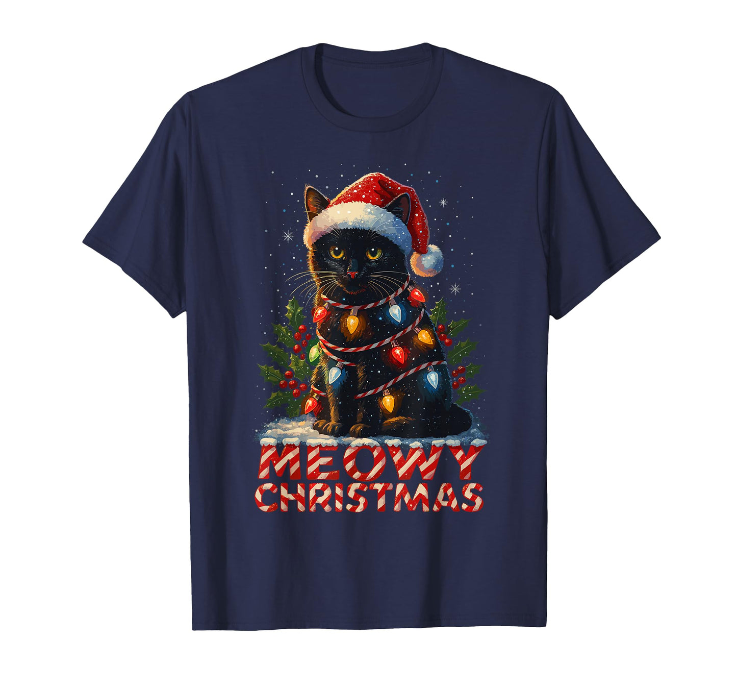 Black Cat Christmas Tree Lights Shirt, Cat Meowy Christmas T-Shirt