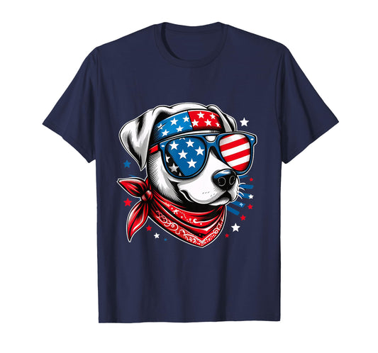 Patriotic Dog with American Flag Dog Sunglasses 4th of July T-Shirt