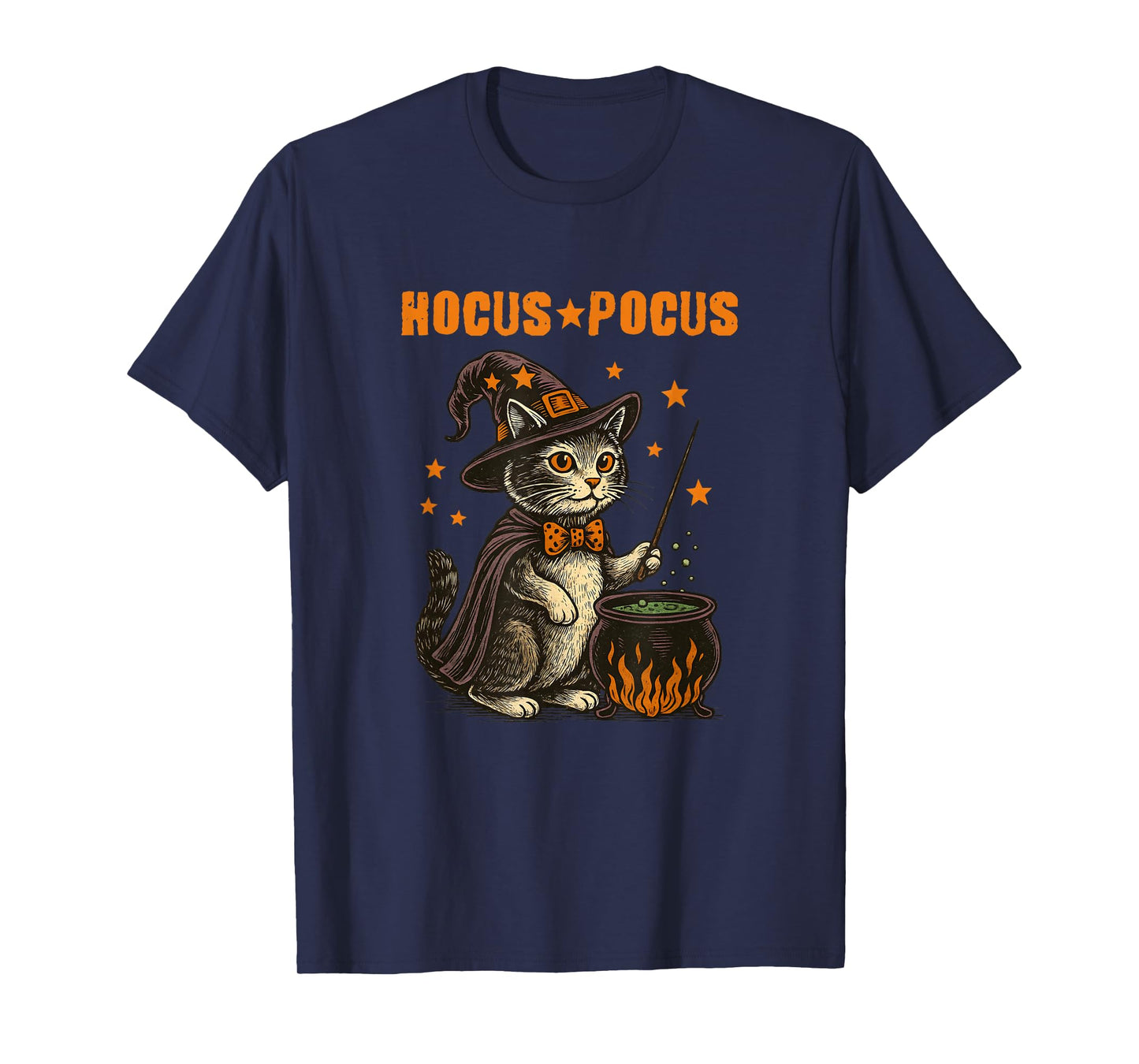 Hocus Pocus Halloween Cat Witch Hat Magic Cauldron Vintage T-Shirt