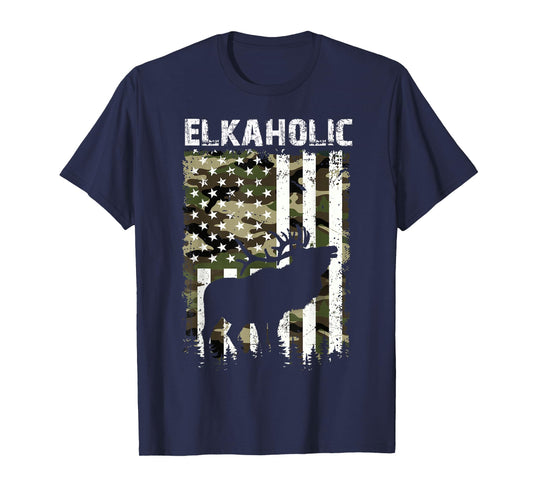 Elk Hunting Elkaholic Hunters Funny US Flag Hunting Lovers T-Shirt