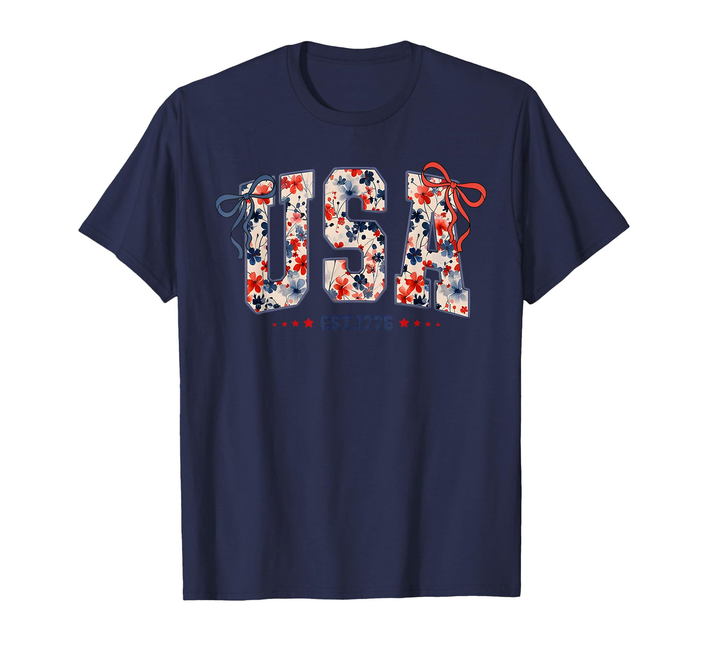 Floral USA Coquette Bow Patriotic 4th of July American Flag T-Shirt
