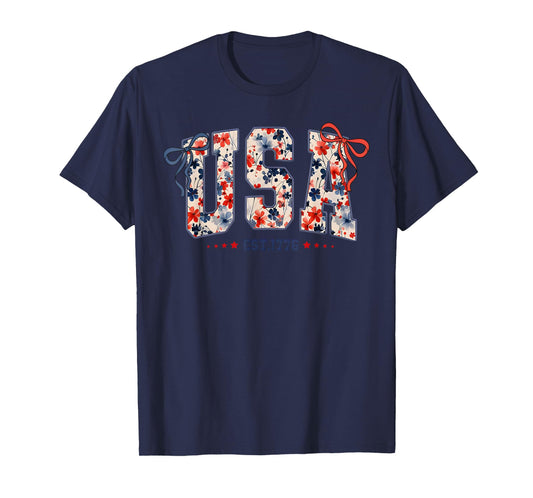 Floral USA Coquette Bow Patriotic 4th of July American Flag T-Shirt