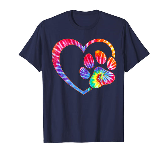 Cute Tie Dye Dog Paw Love Heart Print Colorful Pet Dog Lover T-Shirt