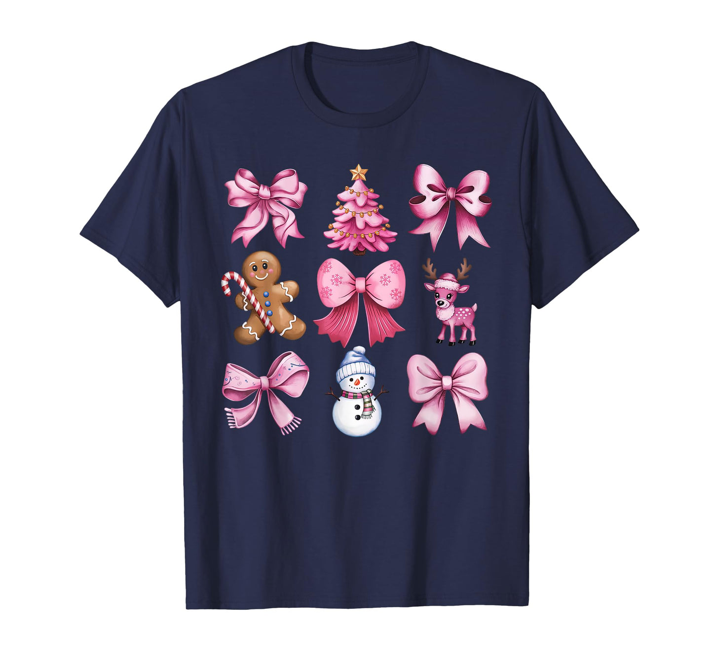 Cute Preppy Pink Christmas Tree Gingerbread Man Snowman Bow T-Shirt