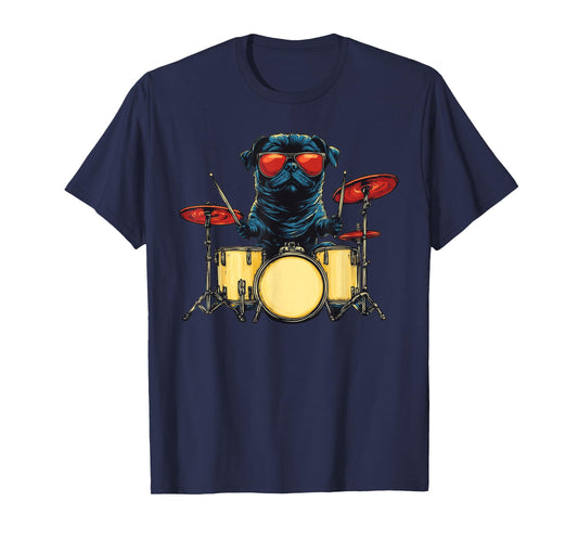 Cute Dog Pug Playing Drums Drummer Music T-Shirt