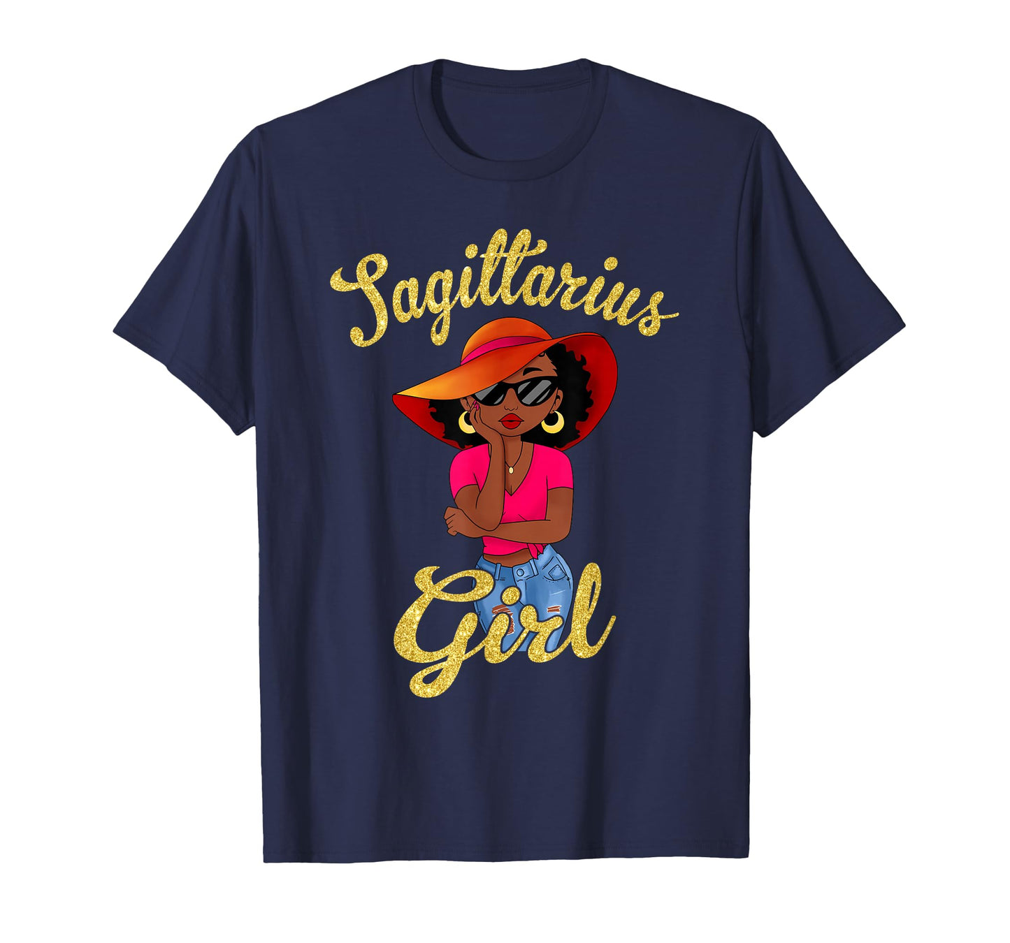 Sagittarius Black Girl Sun Hat Glasses Zodiac Birthday Women T-Shirt