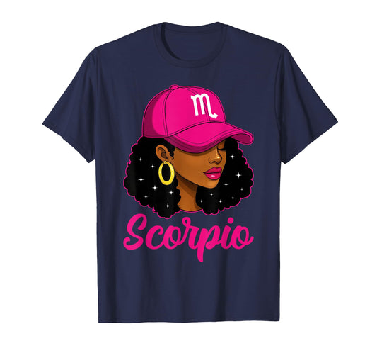 Scorpio Girl Pink Cap Zodiac Birthday Afro Women Girls T-Shirt