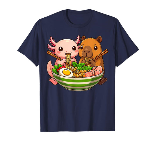 Axolotl and Capybara Eating Ramen Noodles T-Shirt
