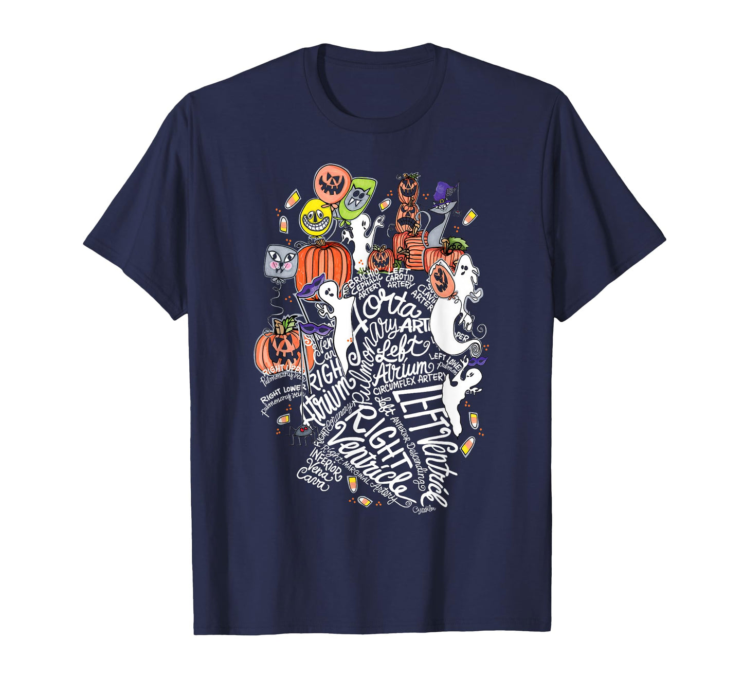 Anatomical Heart Halloween Medical White Word Cloud Line Art T-Shirt
