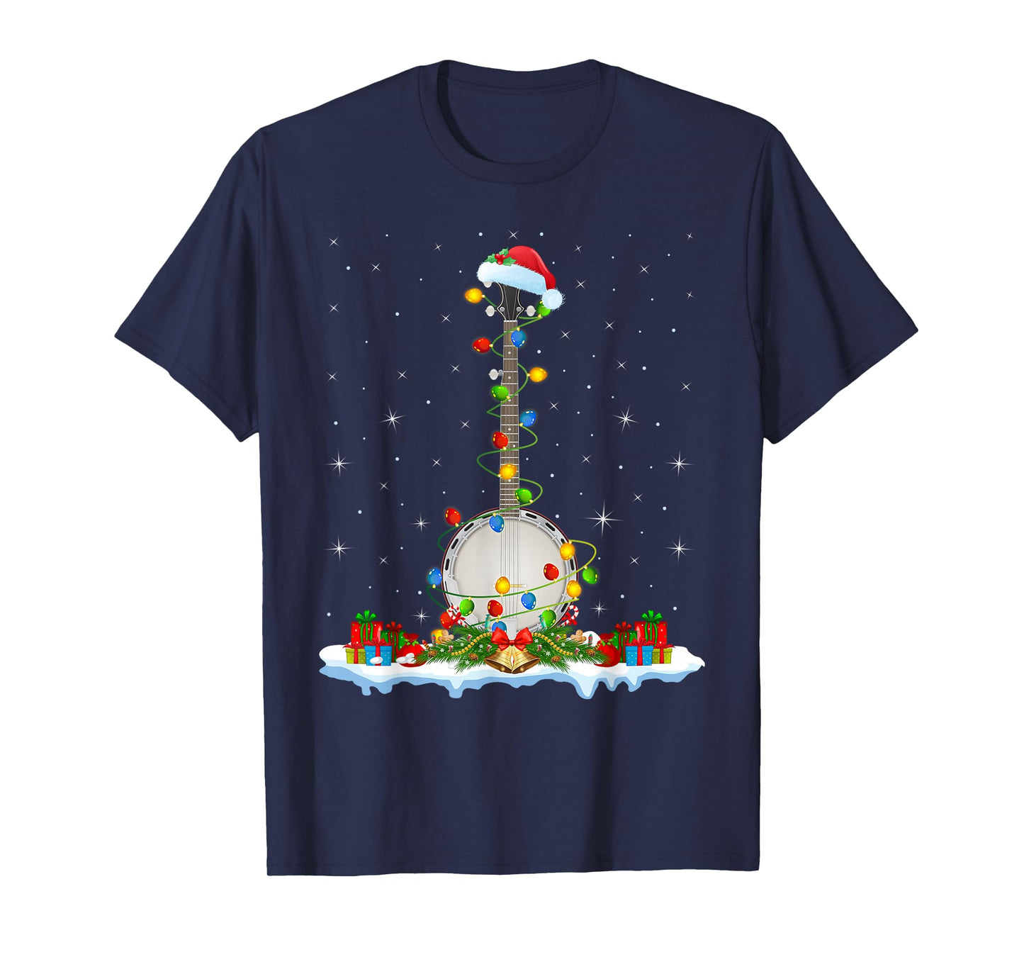 Banjo Christmas Lights Santa Hat Music Banjo Player Xmas T-Shirt