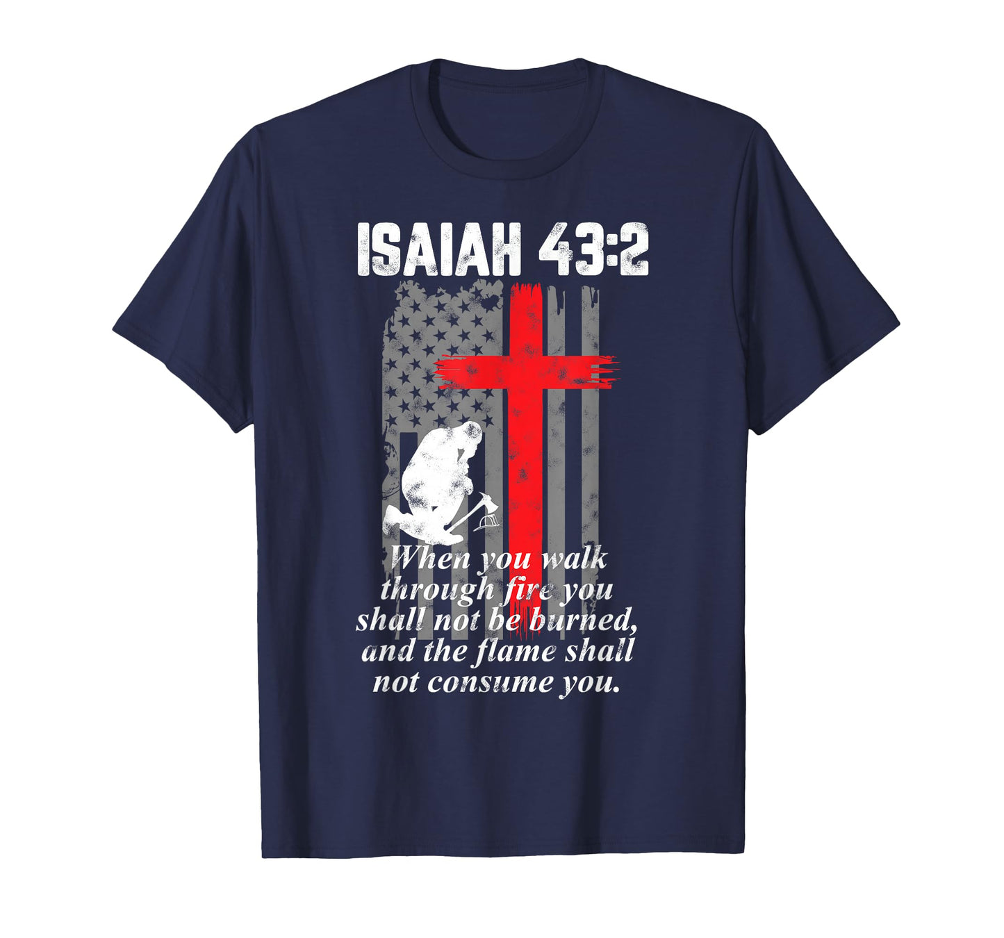 Thin Red Line Firefighter Cross Bible Verse American Flag T-Shirt Small