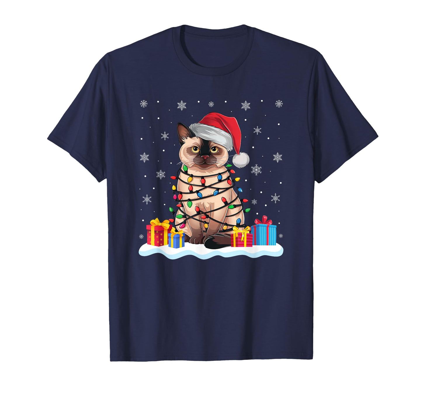 Siamese Cat Santa Hat Christmas Tree Light Xmas Pajama T-Shirt