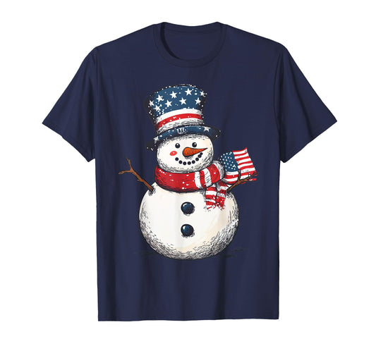 Patriotic Snowman Christmas Holding USA Flag Men Women T-Shirt