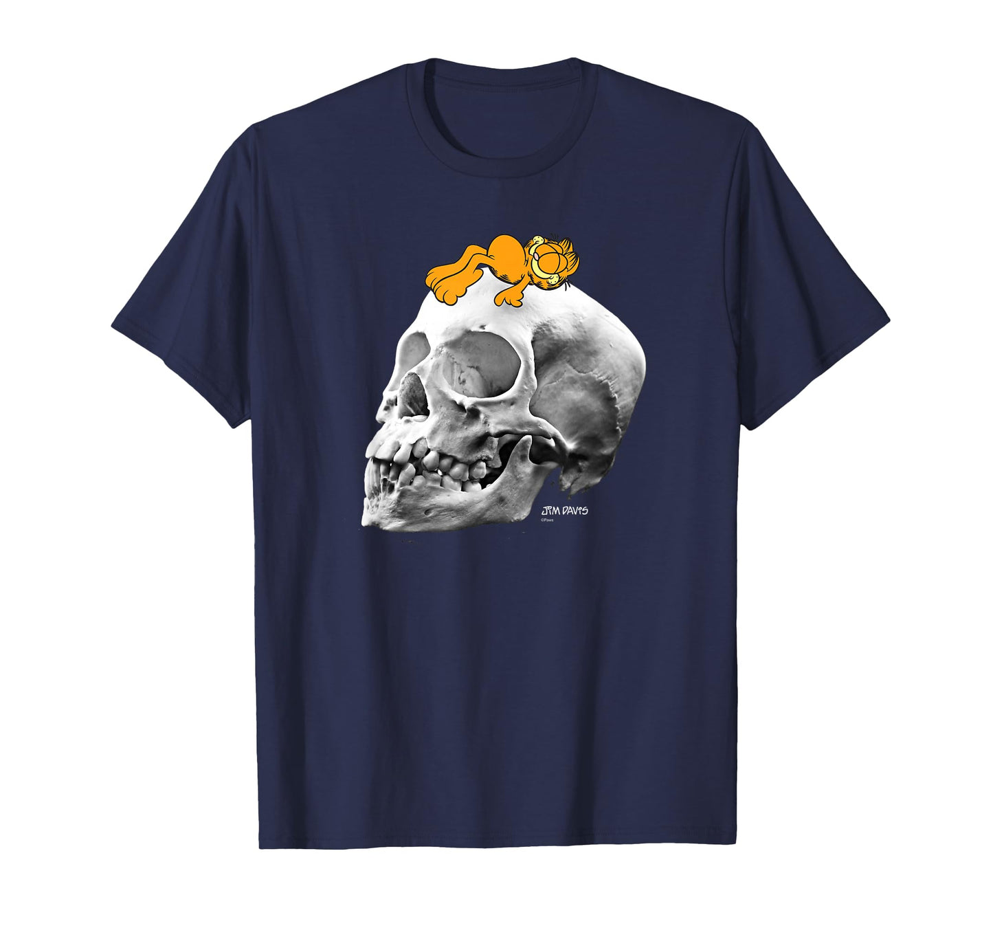Garfield Lounging on Skull Spooky Cartoon Cat T-Shirt