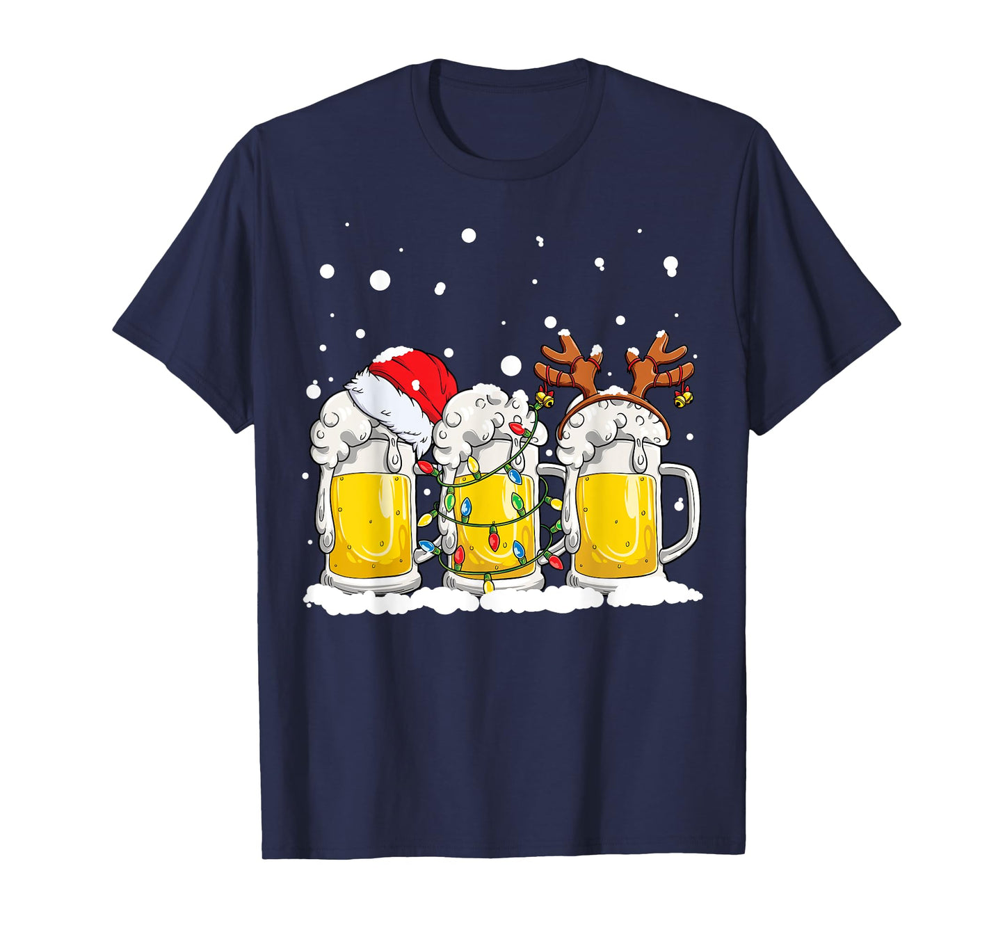 Beer Christmas Mug Santa Reinbeer Xmas Tree Lights Men Women T-Shirt