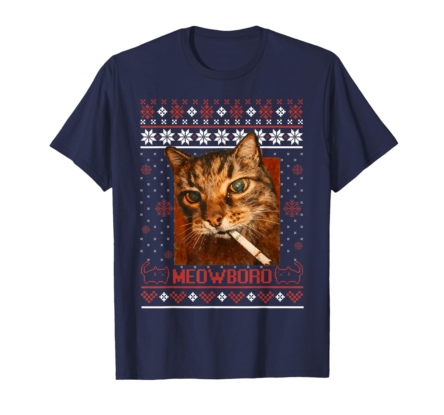 Funny Meowboro Smoking Cat Christmas Ugly Sweater Meme Cat T-Shirt