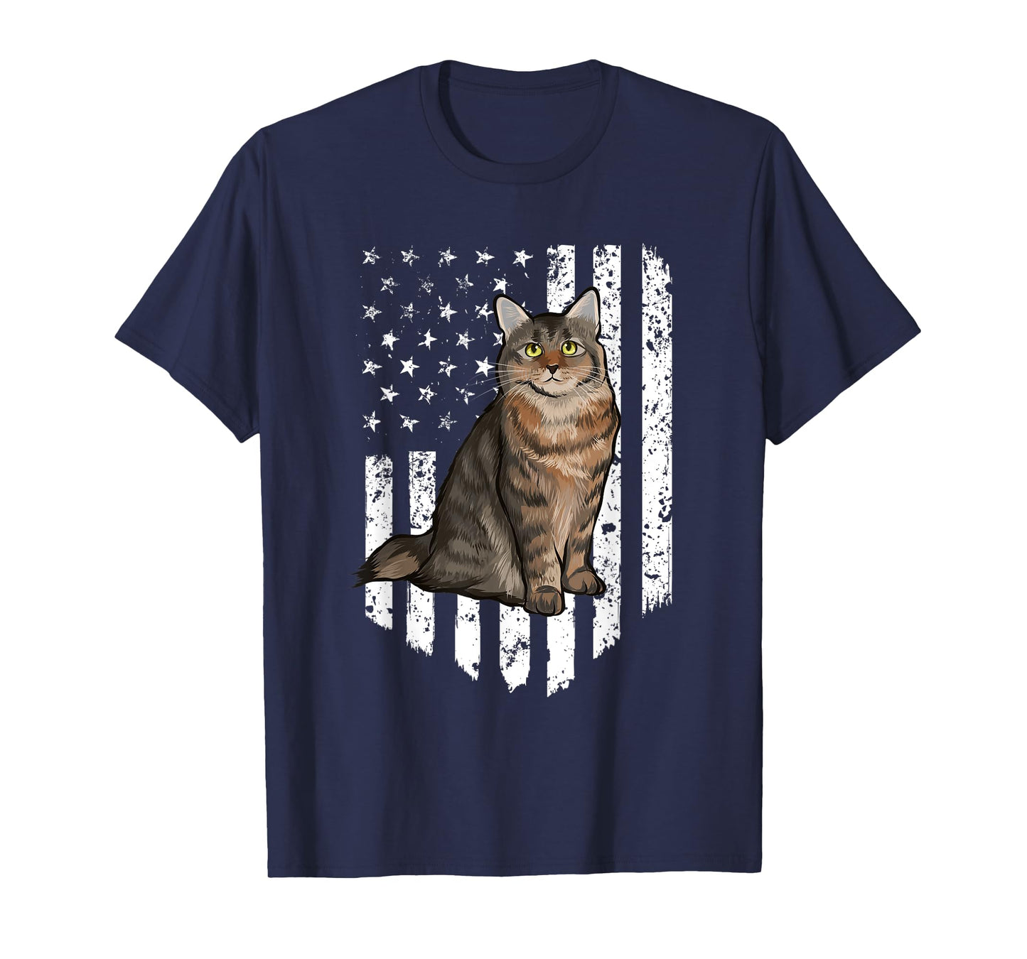 Black White American Flag American Bobtail 4th Of July Cat Women Men T-Shirt
