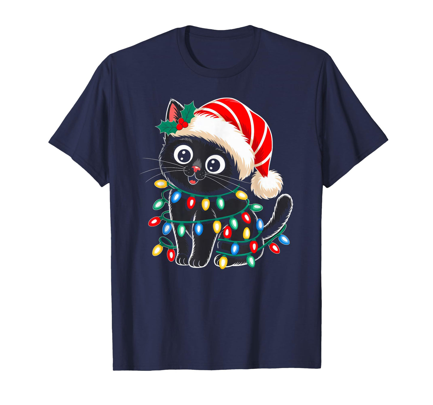Black Cat Christmas Lights Santa Hat Xmas Pajamas Cat Lover T-Shirt