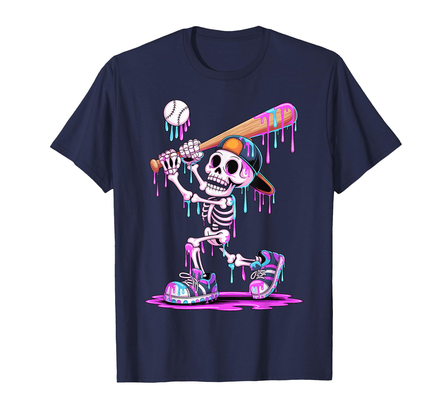 Funny Skeleton Baseball Drip Boys Youth Kids Halloween T-Shirt
