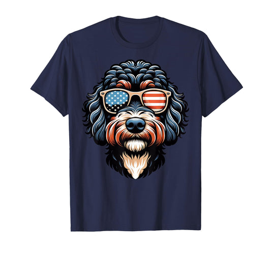 Aussiedoodle Patriotic American Flag USA Sunglasses Dog T-Shirt