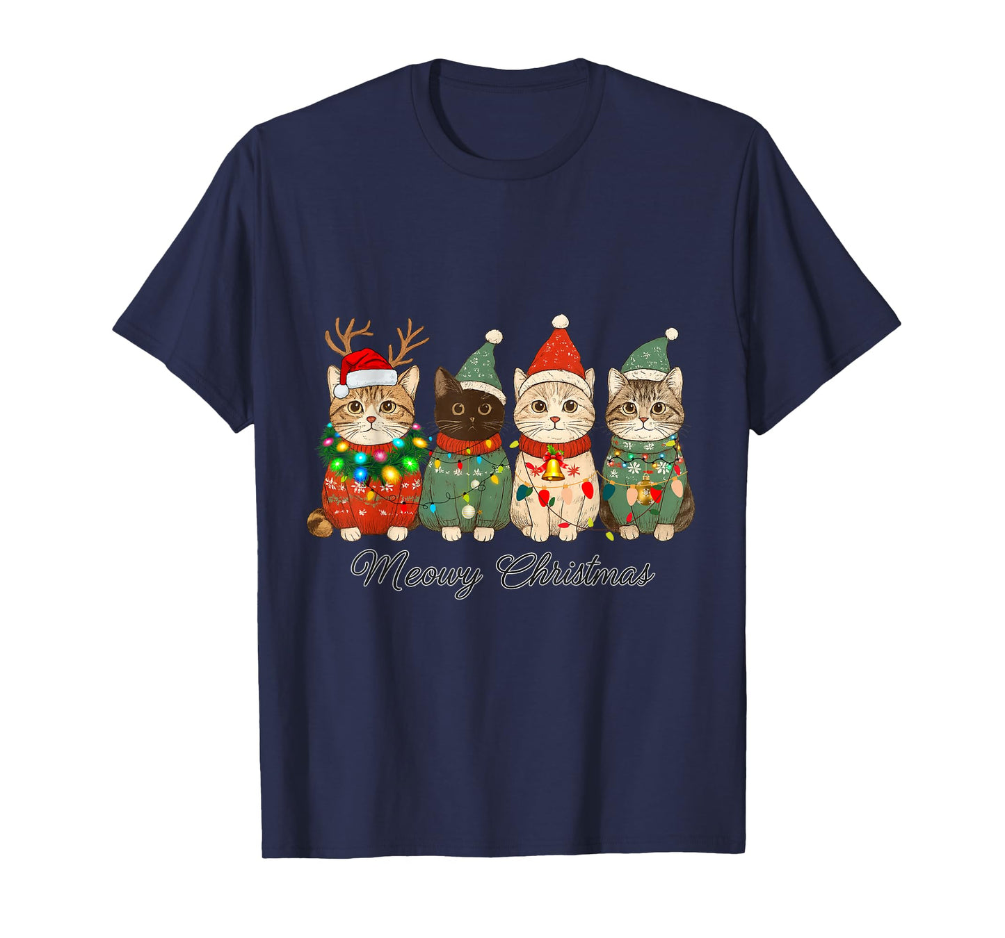 Cat Christmas Light Reindeer Santa Christmas Cat Lover Xmas T-Shirt