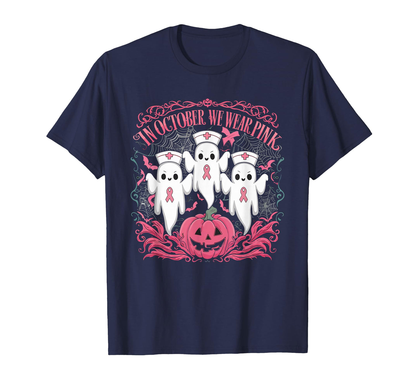 In October We Wear Pink Ribbon Nurse Ghost Halloween T-Shirt