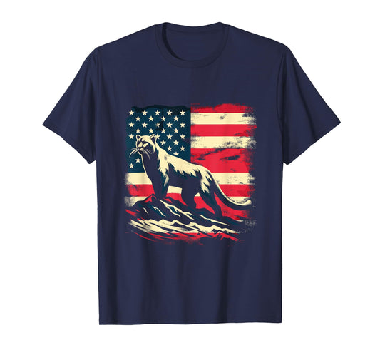 Cougar American Flag - Patriotic USA Mountain Puma Lover T-Shirt
