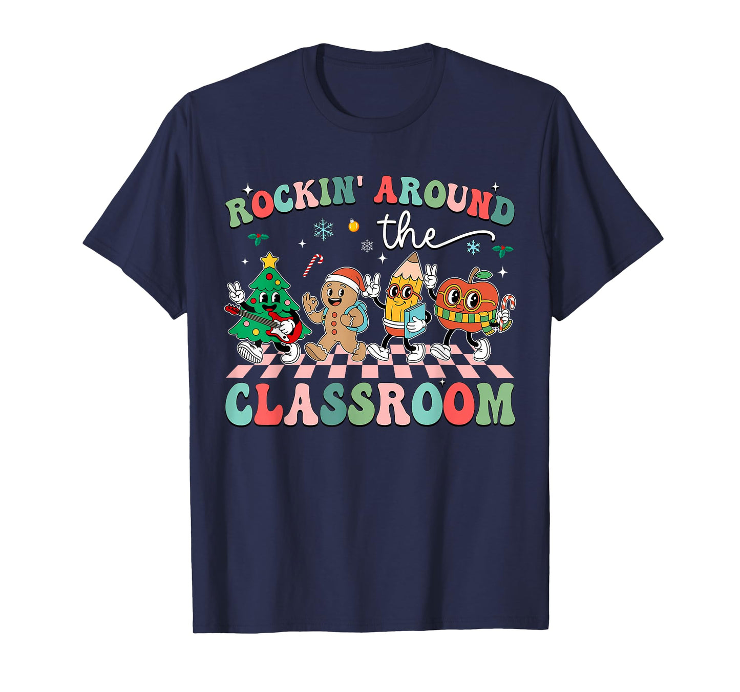 Retro Groovy Teacher Christmas Rockin' Around The Classroom T-Shirt